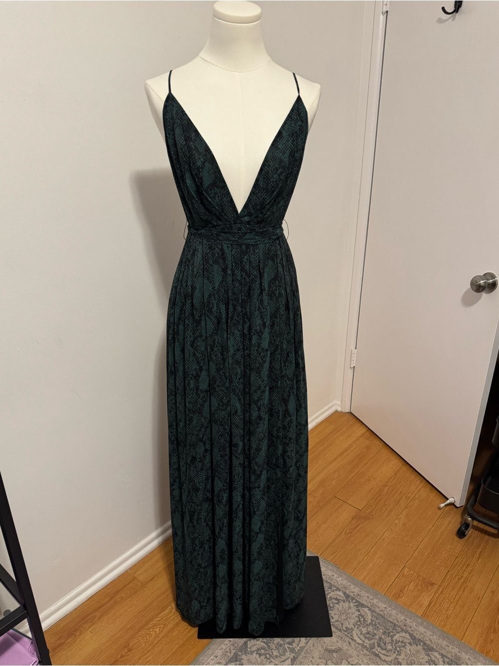 Michael Costello Teal Snake-Print Plunge Maxi Dress Small
